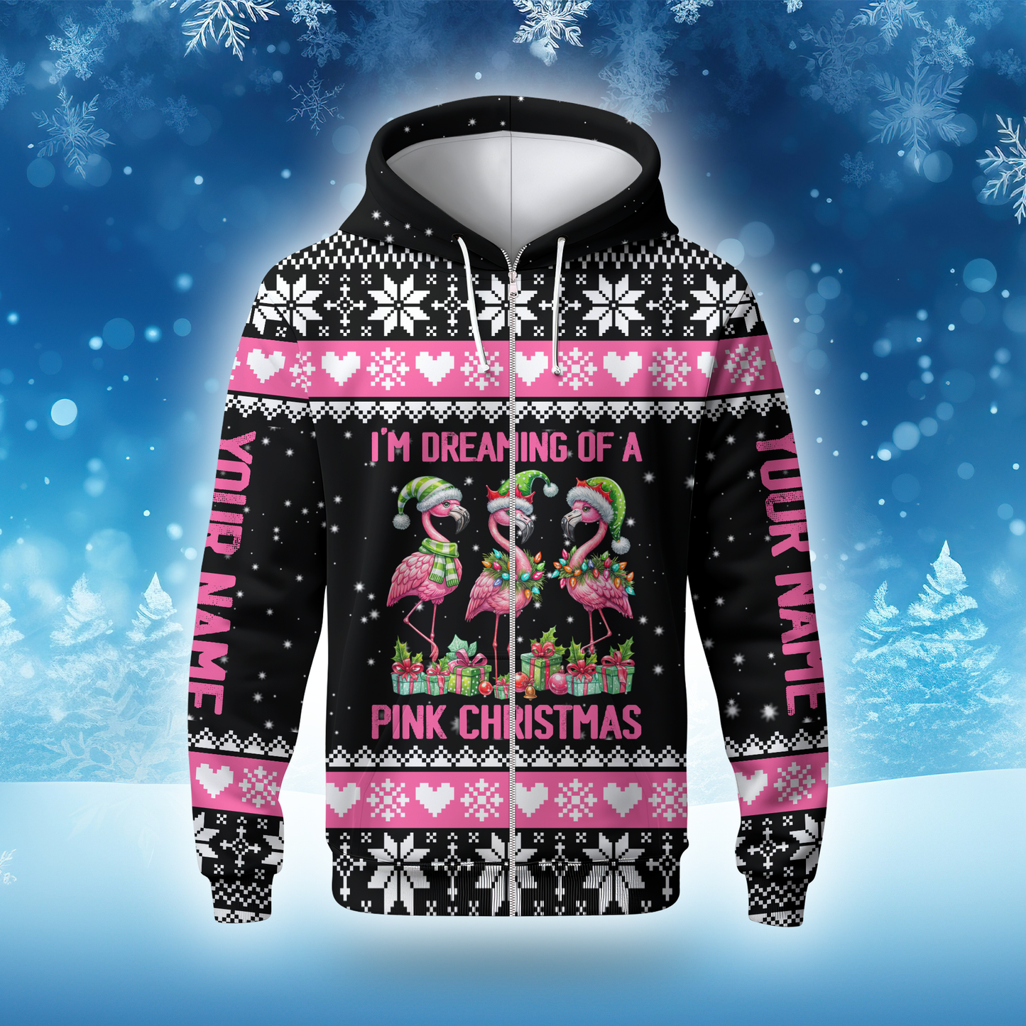 I’m Dreaming of a Pink Christmas Hoodie – Cute Flamingo Holiday Zip Up Sweater