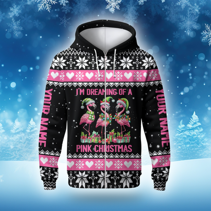 I’m Dreaming of a Pink Christmas Hoodie – Cute Flamingo Holiday Zip Up Sweater