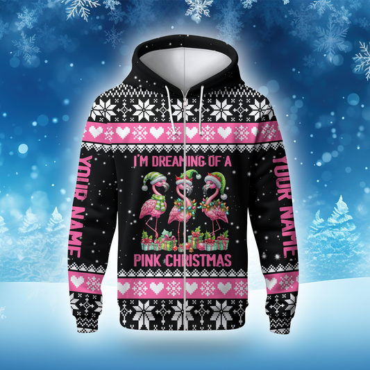 I’m Dreaming of a Pink Christmas Hoodie – Cute Flamingo Holiday Zip Up Sweater