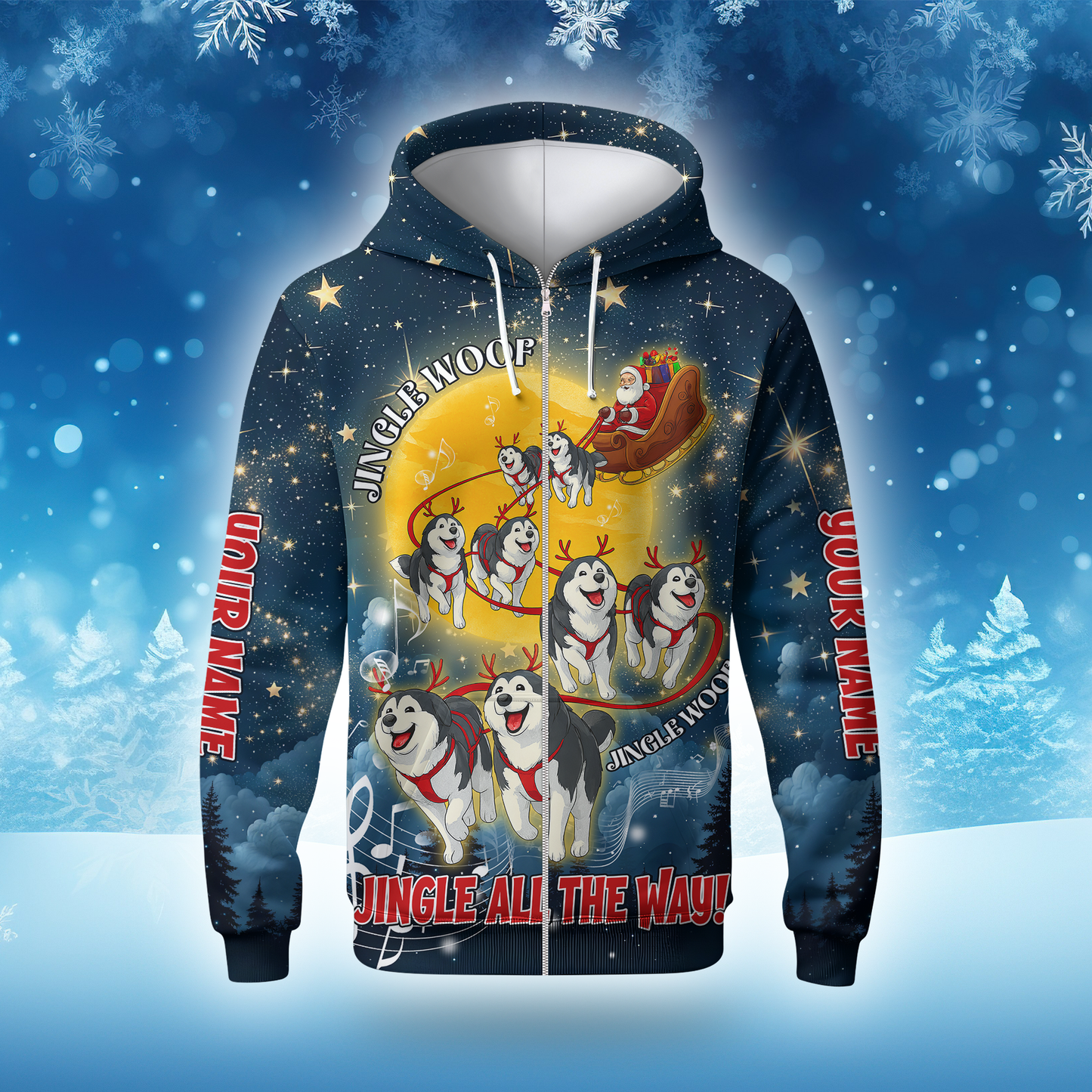 Custom Name Jingle Woof Hoodie – Husky Christmas Zip Up, Funny Santa Dog Hoodie, Holiday Sweatshirt