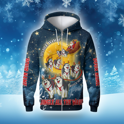 Custom Name Jingle Woof Hoodie – Husky Christmas Zip Up, Funny Santa Dog Hoodie, Holiday Sweatshirt