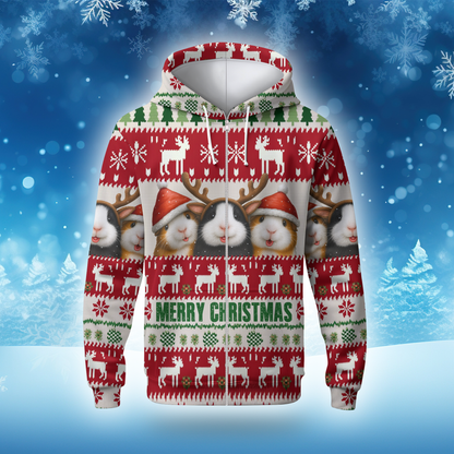 Funny Guinea Pig Christmas Hoodie – Merry Christmas Ugly Sweater Style Zip Up