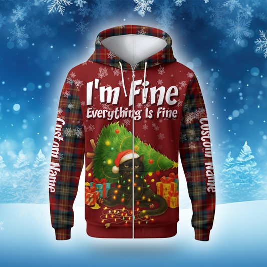 Funny Christmas Cat Hoodie – I’m Fine Everything Is Fine, Personalized Name Holiday Sweatshirt