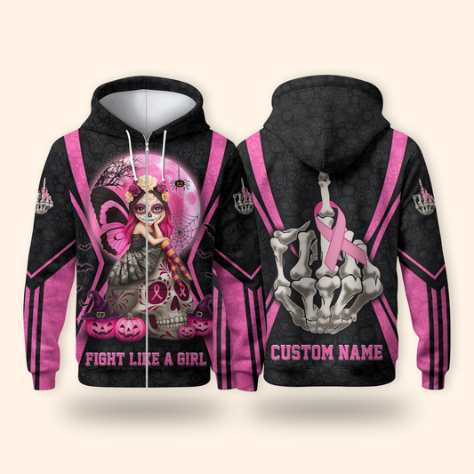 Personalized Sugar Skull Fight Like A Girl - Breast Cancer Awareness Shirt