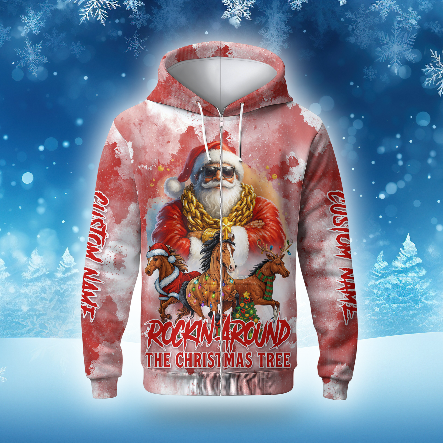 Rockin’ Around the Christmas Tree Hoodie – Funny Santa Zip Up