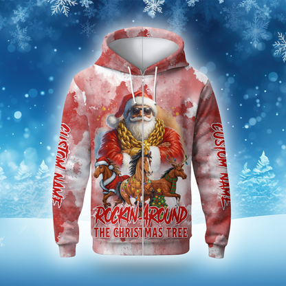Rockin’ Around the Christmas Tree Hoodie – Funny Santa Zip Up