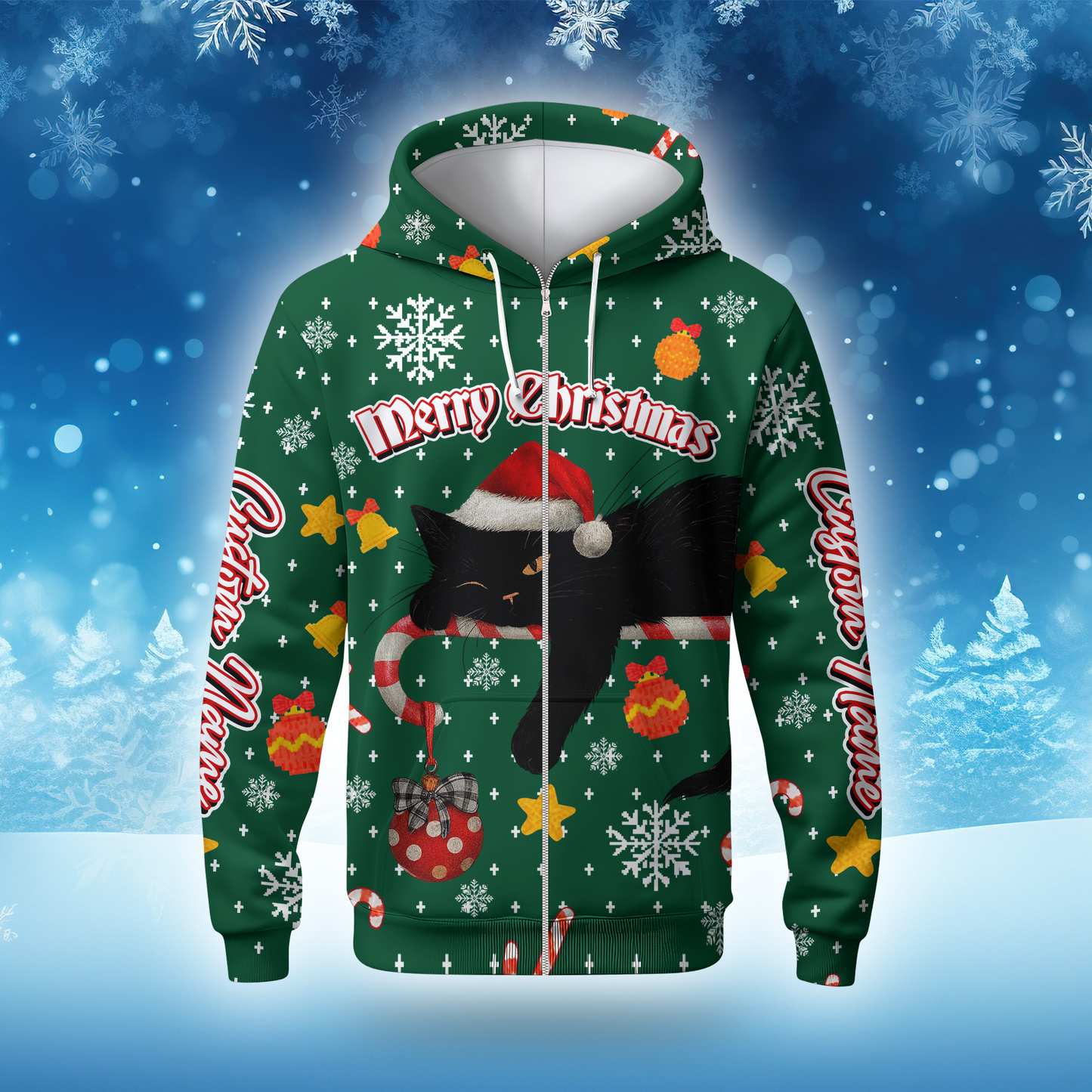 Black Cat Christmas Hoodie – Custom Name Santa Cat Zip Up