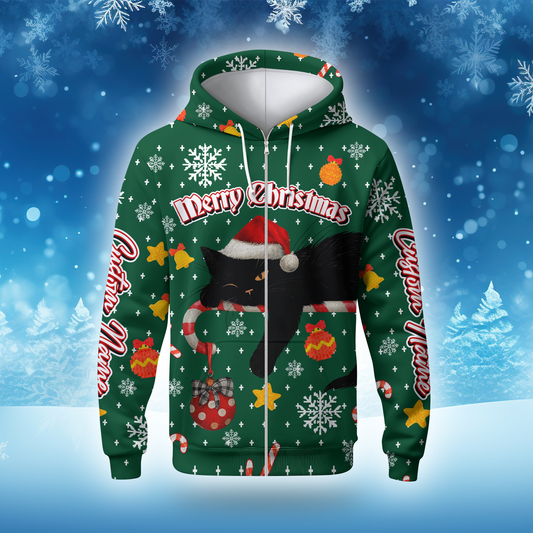 Black Cat Christmas Hoodie – Custom Name Santa Cat Zip Up