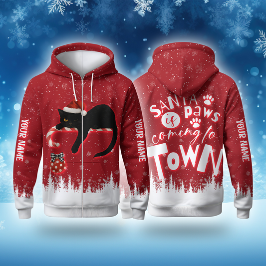 Personalized Cat Christmas Hoodie – Santa Paws Is Coming to Town, Custom Name Gift, Custom Choo