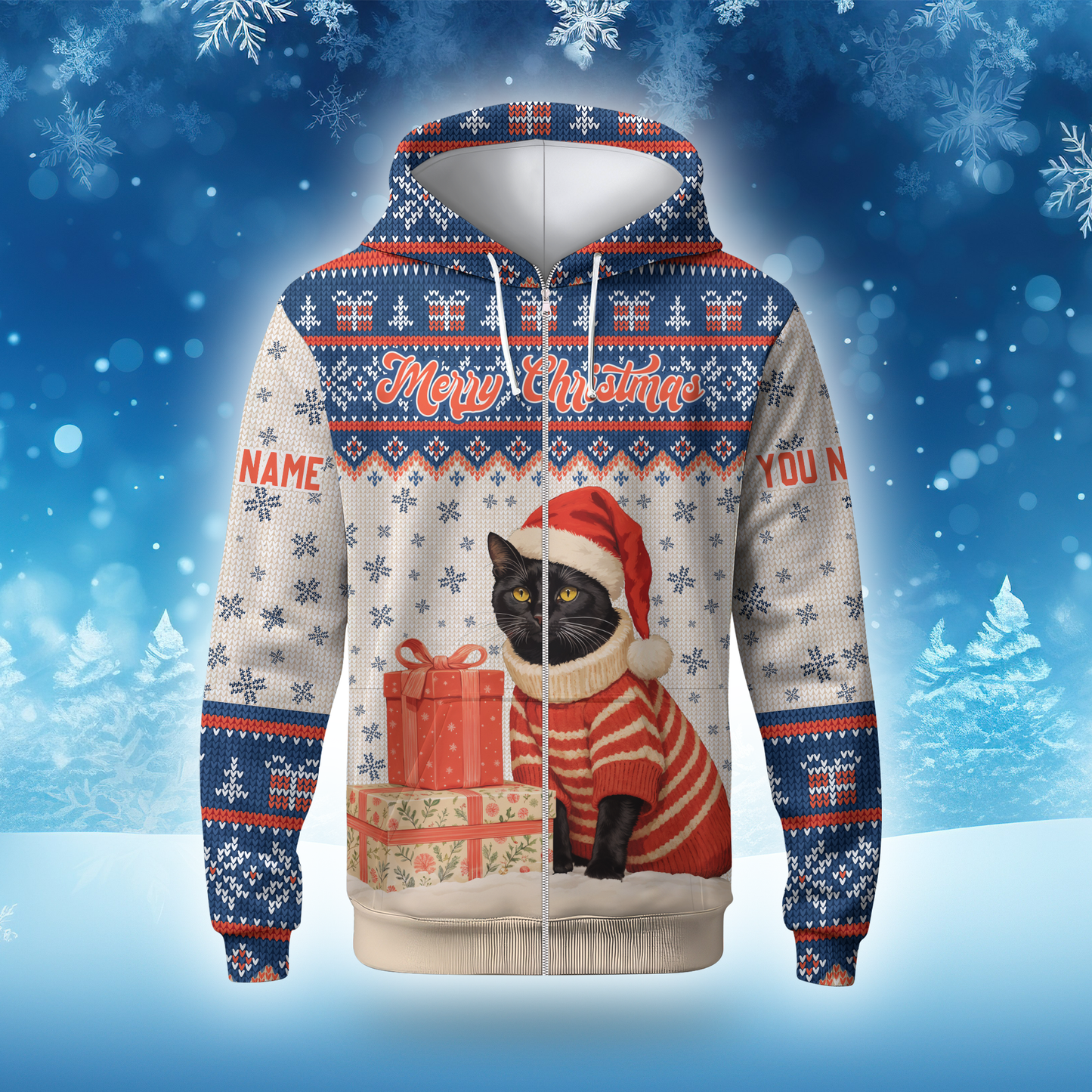 Black Cat Christmas Hoodie – Custom Name Santa Cat Zip Up