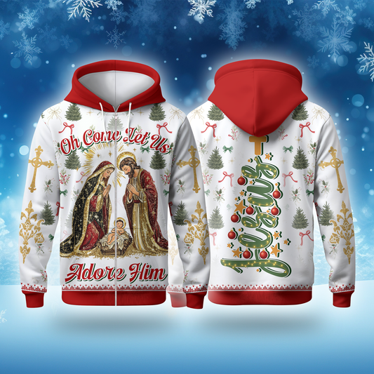 Oh Come Let Us Adore Him Hoodie – Christian Christmas Hoodie with Nativity Scene and Jesus Design