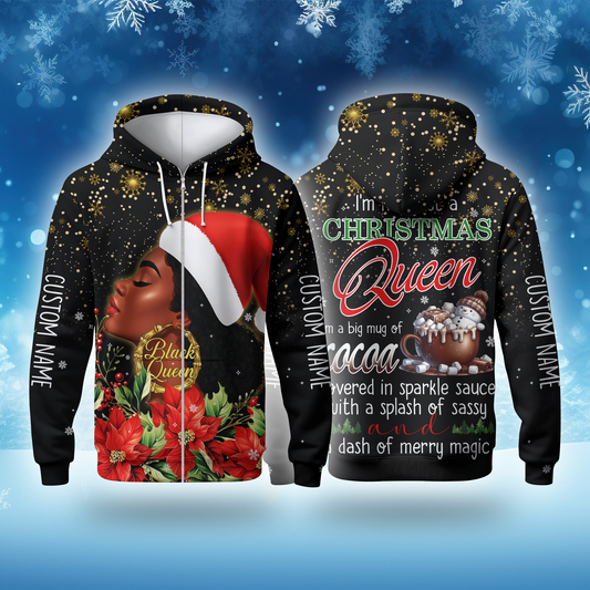 Christmas Queen Hoodie – Black Queen Holiday Zip Up, Sassy Cocoa Quote Hoodie, Custom Name Christmas Gift for Her