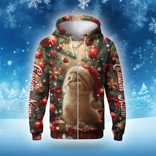 Cute Cat Christmas Hoodie – Personalized Santa Kitty Zip Up