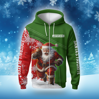 Santa Football Hoodie – Custom Name Christmas Sports Zip Up