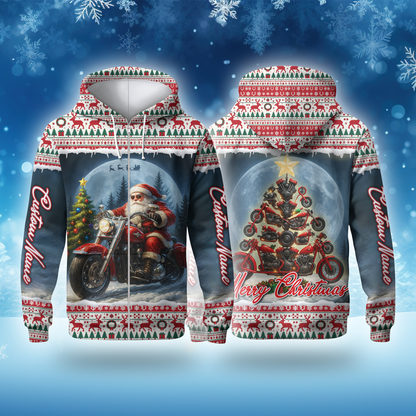 Santa Biker Christmas Hoodie – Custom Name Motorcycle Xmas Zip Up