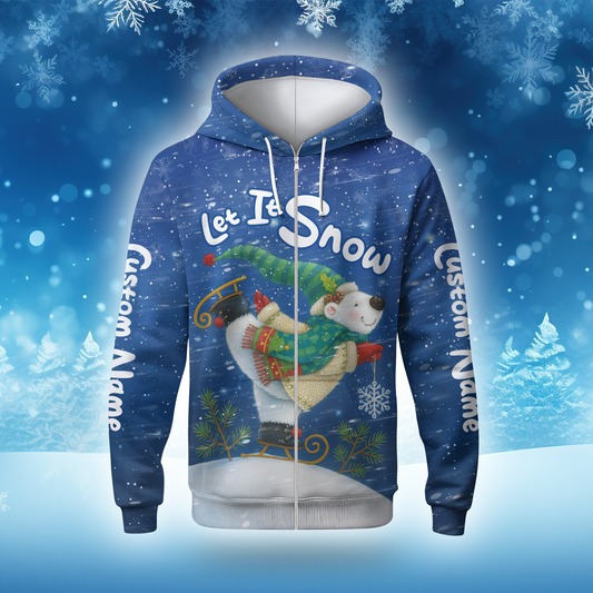 Personalized Let It Snow Hoodie – Cute Polar Bear Christmas Zip Up