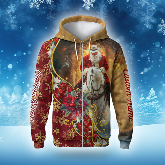 Santa Riding Horse Hoodie – Western Cowboy Christmas Zip Up, Custom Name Holiday Hoodie for Horse Lovers