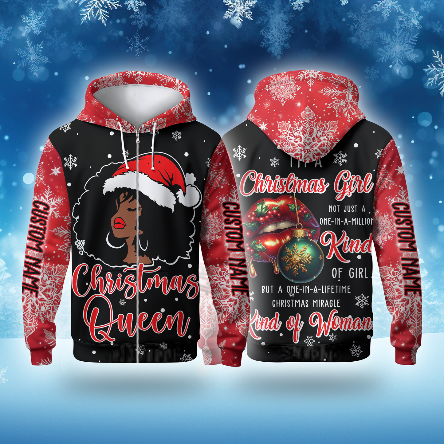 Christmas Queen Hoodie – Holiday Afro Woman Zip Up Sweatshirt