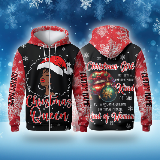 Christmas Queen Hoodie – Holiday Afro Woman Zip Up Sweatshirt
