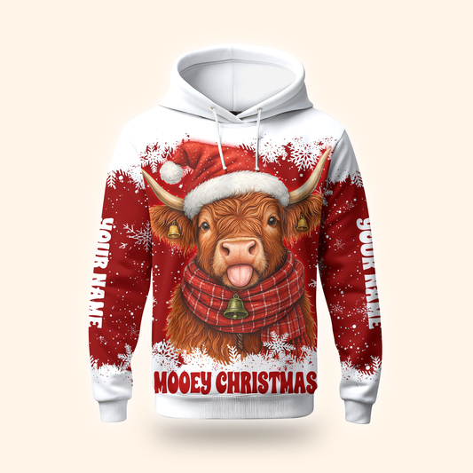 Custom Name Mooey Christmas Hoodie – Funny Highland Cow Zip Up, Red Holiday Hoodie Gift Idea