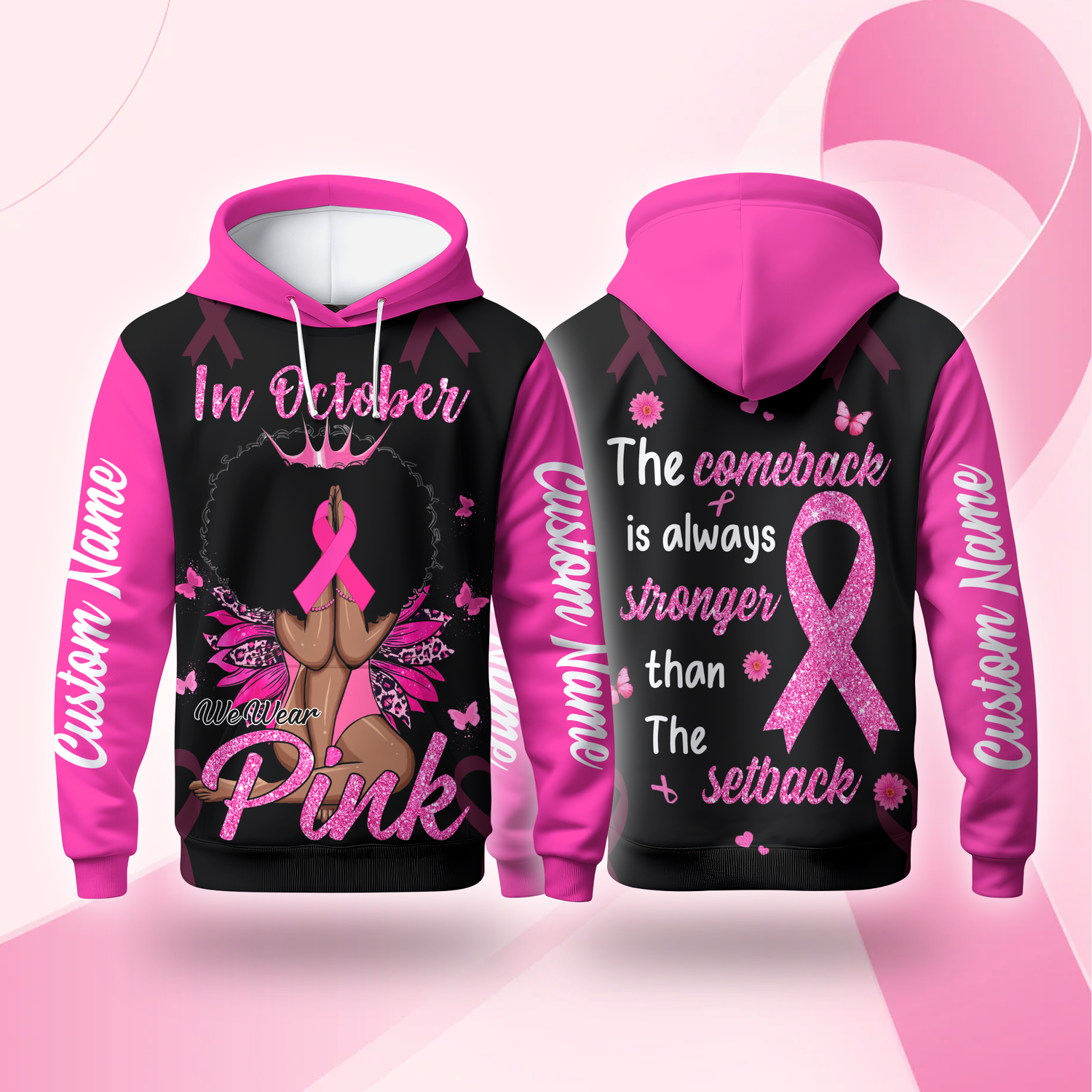 Personalized In October We Wear Pink Black Queen - Breast Cancer Awareness Shirt, Custom Choo