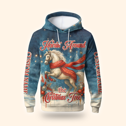Horsin’ Around the Christmas Tree Hoodie – Funny Horse Lover Holiday Zip Up