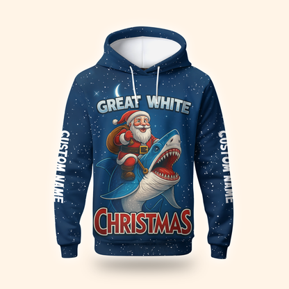 Santa Shark Hoodie – Great White Christmas Zip Up, Funny Holiday Hoodie, Custom Name Blue Ocean Design