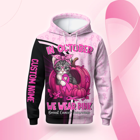Personalized "In October We Wear Pink" Cat Pumpkin Breast Cancer Awareness, Custom Choo