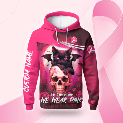 Custom Name "In October We Wear Pink" Black Cat Skull - Breast Cancer Awareness Shirt