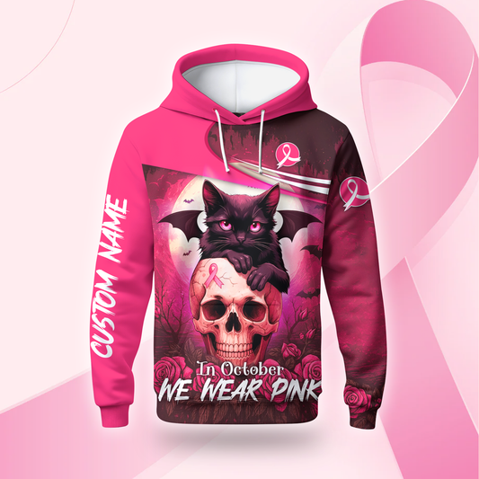 Custom Name "In October We Wear Pink" Black Cat Skull - Breast Cancer Awareness Shirt