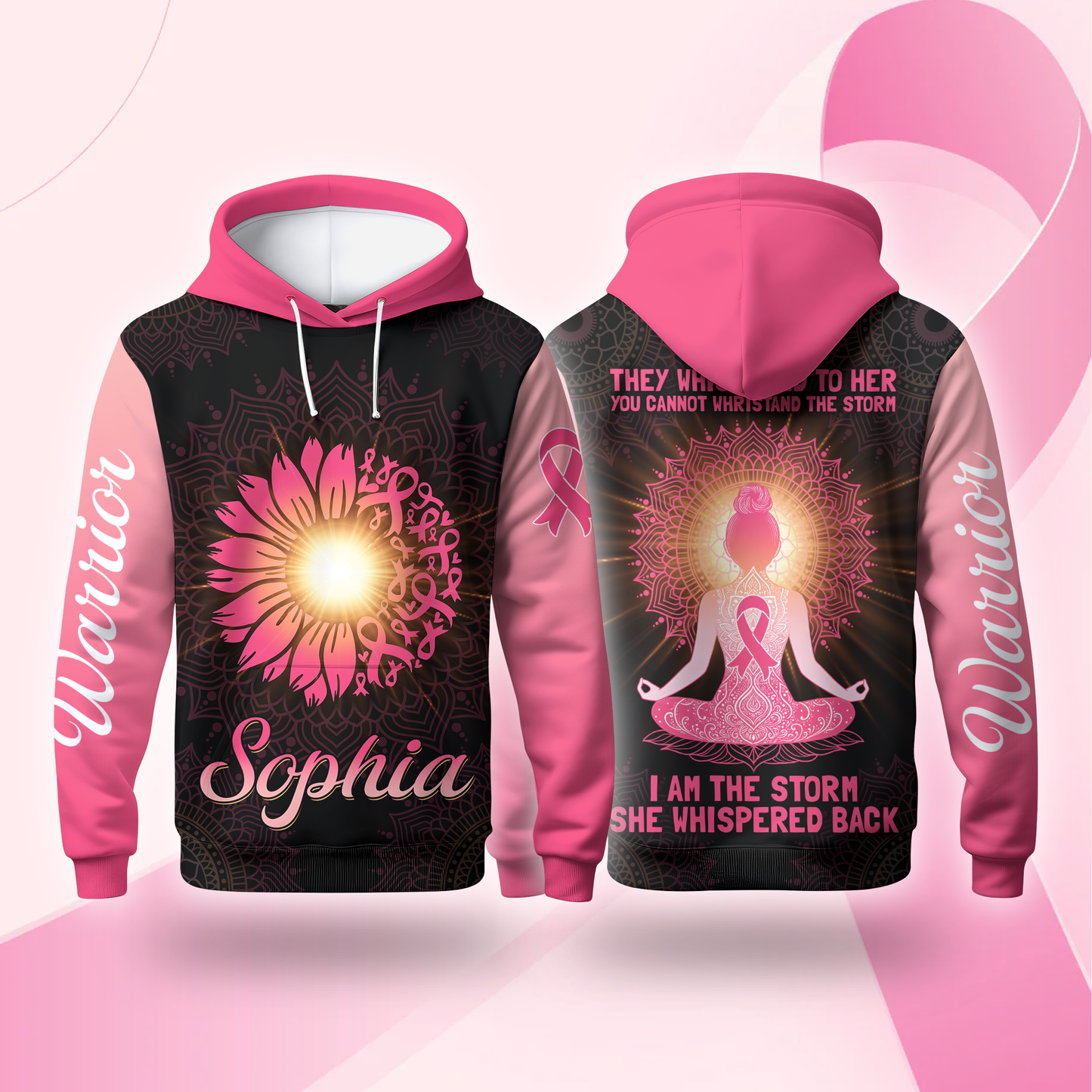 Custom Name Breast Cancer Awareness Hoodie – Warrior Sunflower Yoga Girl Sweatshirt, I Am The Storm Hoodie