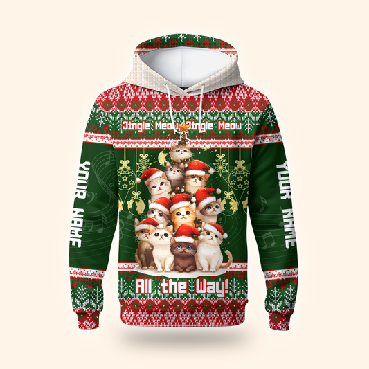 Jingle Meow Christmas Cat Hoodie – Personalized Name Cat Lovers Holiday Sweatshirt