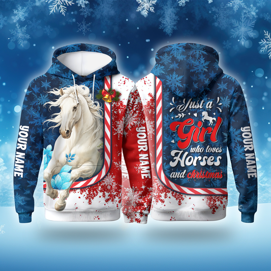 Just a Girl Who Loves Horses and Christmas Hoodie – Personalized Horse Lover Zip Up Gift, Custom Choo