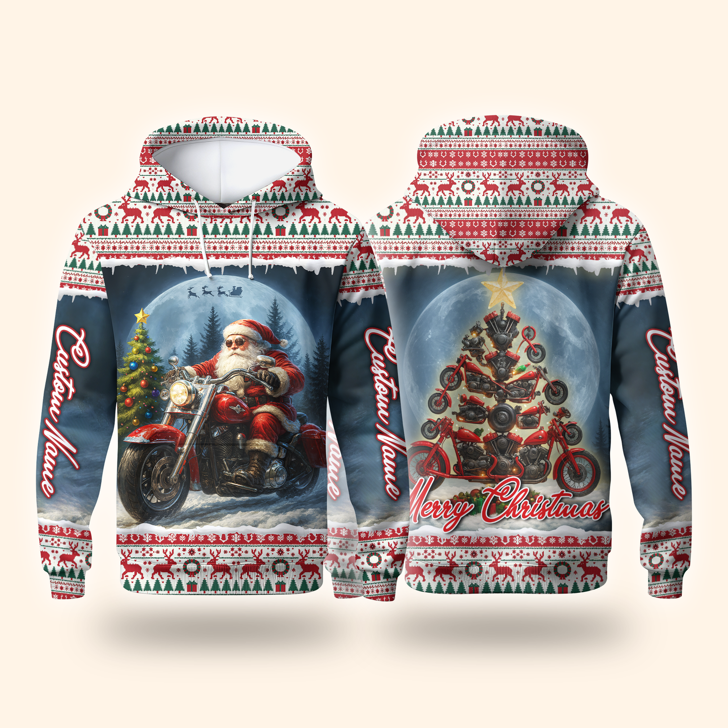 Santa Biker Christmas Hoodie – Custom Name Motorcycle Xmas Zip Up