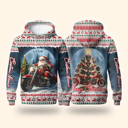 Santa Biker Christmas Hoodie – Custom Name Motorcycle Xmas Zip Up