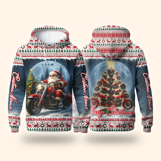 Santa Biker Christmas Hoodie – Custom Name Motorcycle Xmas Zip Up
