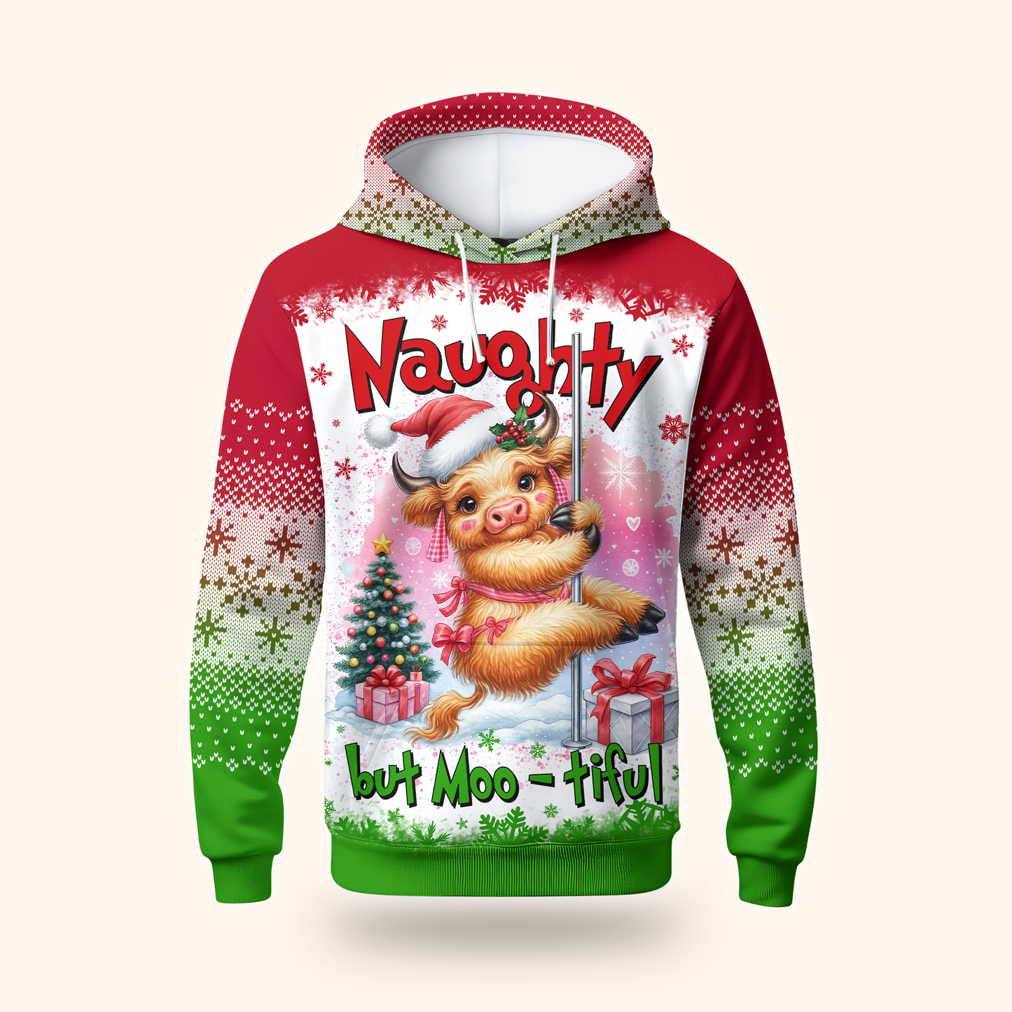 Funny Cow Christmas Hoodie – Naughty but Moo-tiful, Cute Farm Animal Holiday Zip Up Sweater