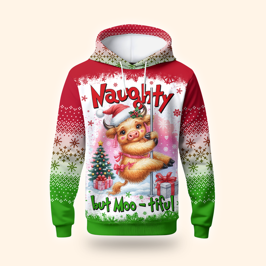 Funny Cow Christmas Hoodie – Naughty but Moo-tiful, Cute Farm Animal Holiday Zip Up Sweater