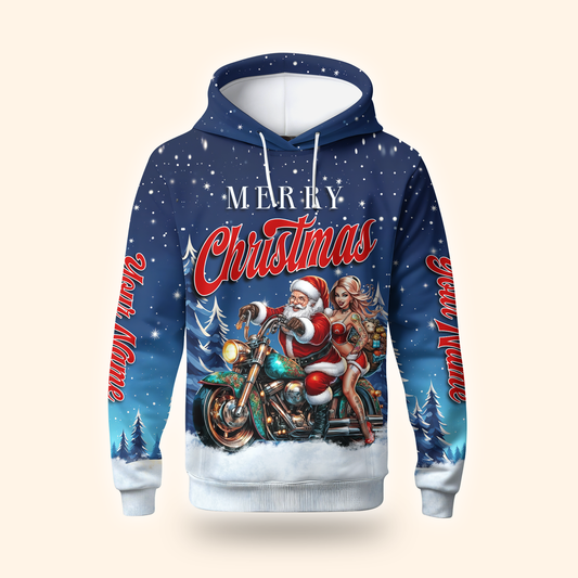 Santa Biker Christmas Hoodie – Merry Christmas Motorcycle Hoodie, Personalized Name Gift