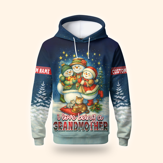 Personalized Christmas Hoodie – I Love Being a Grandmother, Snowman Family Zip Up Gift, Custom Choo
