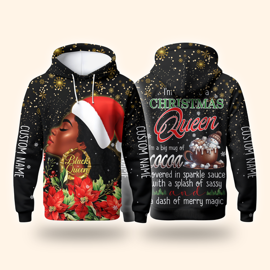 Christmas Queen Hoodie – Black Queen Holiday Zip Up, Sassy Cocoa Quote Hoodie, Custom Name Christmas Gift for Her