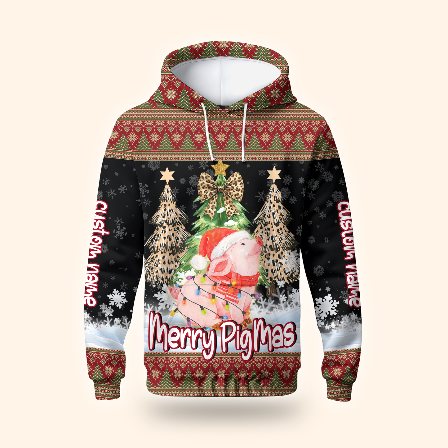 Merry PigMas Hoodie – Cute Pig Christmas Zip Up, Custom Name Funny Holiday Hoodie