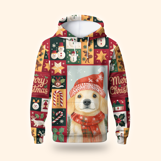 Merry Christmas Dog Hoodie – Golden Retriever in Santa Hat, Personalized Pet Lover Gift