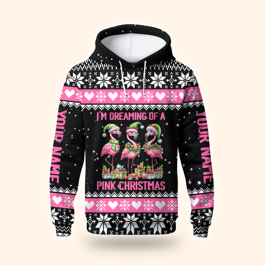 I’m Dreaming of a Pink Christmas Hoodie – Cute Flamingo Holiday Zip Up Sweater