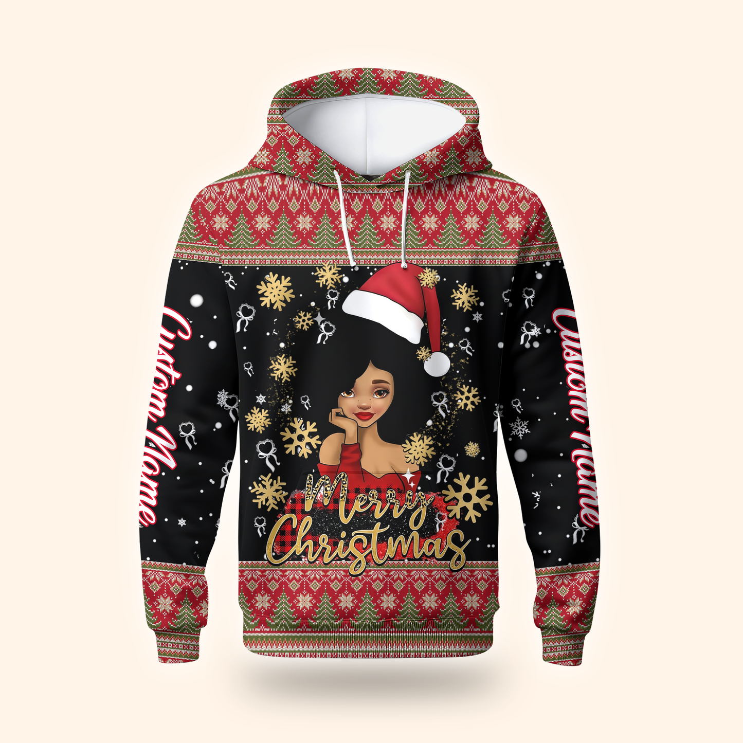 Personalized Black Girl Christmas Hoodie – Merry Christmas Santa Hat Zip Up