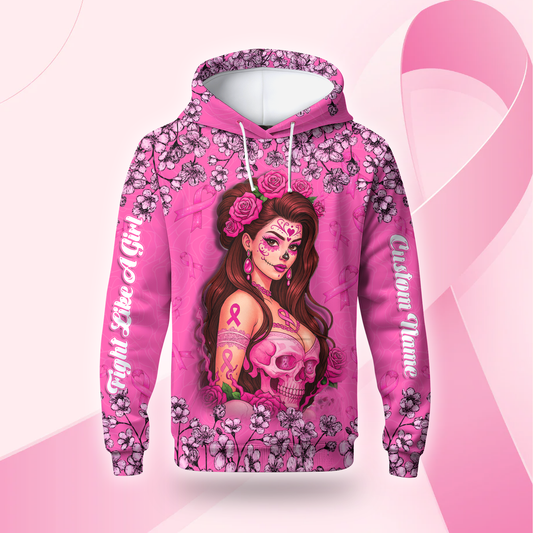 Fight Like A Girl Skull Floral - Breast Cancer Awareness Shirt