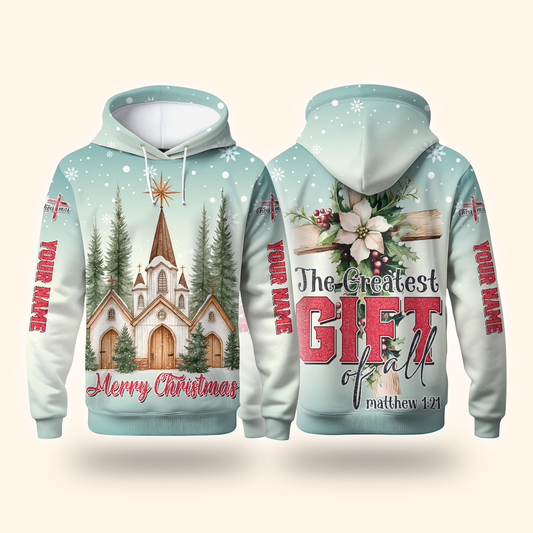 Christian Christmas Hoodie – The Greatest Gift of All Matthew 1:21, Personalized Faith Hoodie
