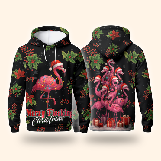 Merry Flocking Christmas Hoodie – Funny Flamingo Holiday Zip Up