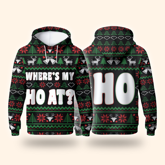 Funny Christmas Hoodie – Where’s My Ho At, Ugly Sweater Style Zip Up, Holiday Party Hoodie Gift for Men Women
