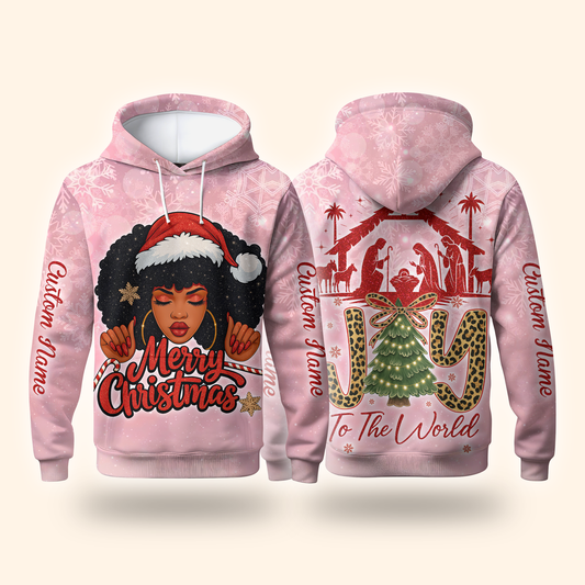 Christian Christmas Hoodie – Joy To The World, Black Girl Santa Zip Up, Custom Name Holiday Hoodie
